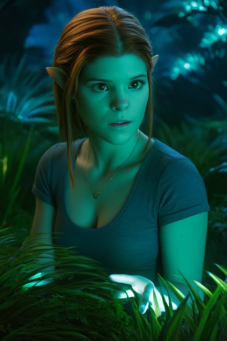 Create a hyper realistic photo of young Kate Mara as Navi Avatar BREAK cinematic lights, detailed eyes, detailed face, detailed hands BREAK Glowing Plants, glowing leaves of trees, at night, green grass, different plants bushes and trees in the background, avatar style