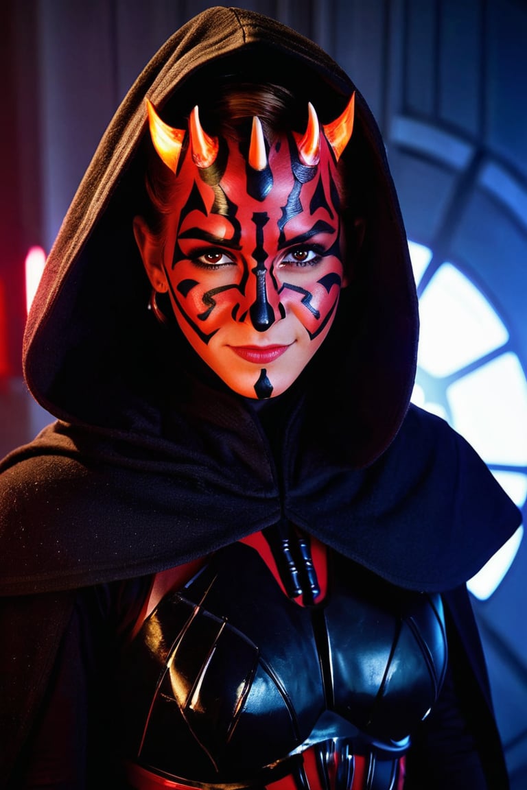 smiling Darth Maul (Sith Lord) cosplay, 1girl, Emma Watson (14 years old), dressed, styled and made up as smiling Darth Maul (Sith Lord)
BREAK
cinematic lights, professional full facial cosplay make-up, detailed eyes, detailed face, detailed hands
BREAK
Background: Inside death star of Star Wars, intricate details