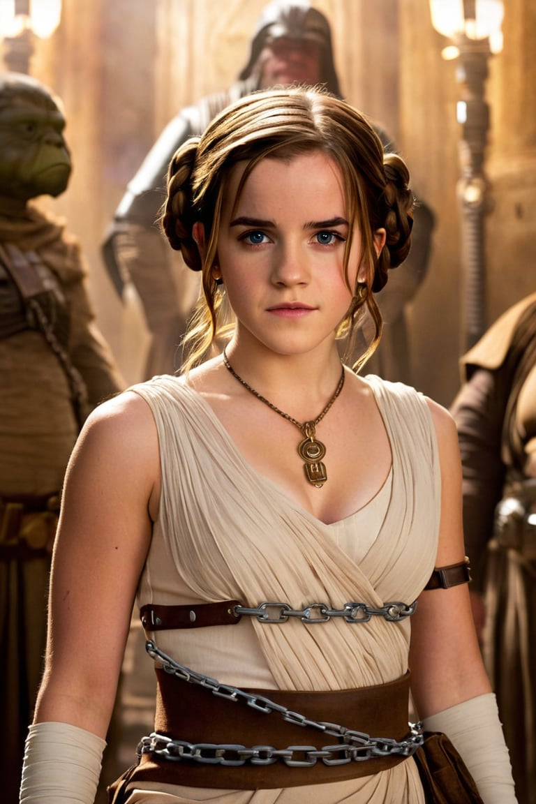 Emma Watson (14 years old) with blue eyes, dressed, styled and made up as Leia Organa dressed as slave and bound with chains
BREAK
cinematic lights, professional full facial cosplay make-up, detailed eyes, detailed face, detailed hands
BREAK
Background: Jabba the hutt holding the chains, intricate details