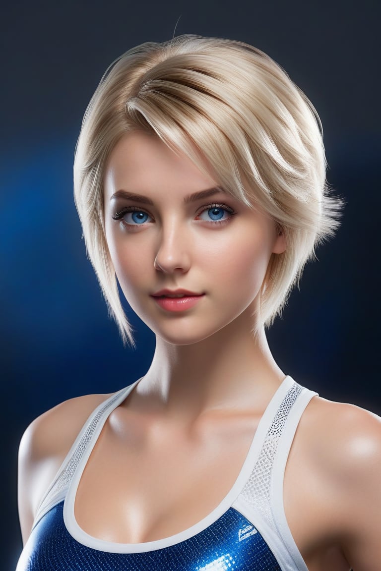 Craft a hyper realistic vertical upper body photo of a girl, 25-year-old, blonde hair, blue eyes, perfectly detailed eyes, make-up, intricate beauty, short hairstyle, white red blue or black fitting leggings and sports bra, sparkling, reflections, (translucent), athletic, simple background, dim light, volumetric lighting, hyper realistic, blurry foreground, blurry background, (bloodborne:1.1),