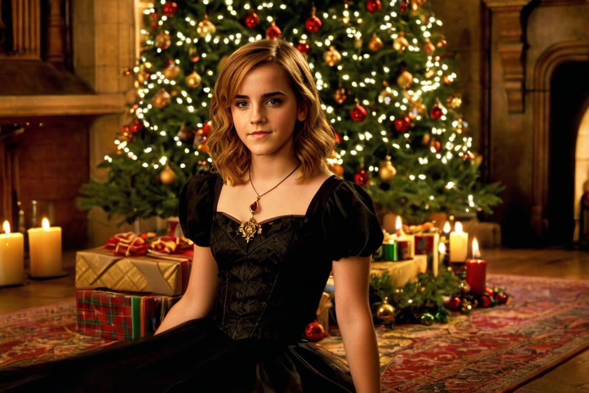 A color photograph of a young woman (Emma Watson, at the age of14, black skirt, elegant top) posing at a beautiful multicolored Christmas tree at Hogwarts. Blonde hair softly frames her happy face, highlighted by her jewels, as she looks up at the beautiful Christmas tree, one hand resting gently on her legs. Floating candles under the ceiling bathe the room in a warm amber glow with dim lighting. An atmosphere of quiet contemplation and calm permeates the cozy room, as if a private moment between the young woman and the Christmas tree is being captured.