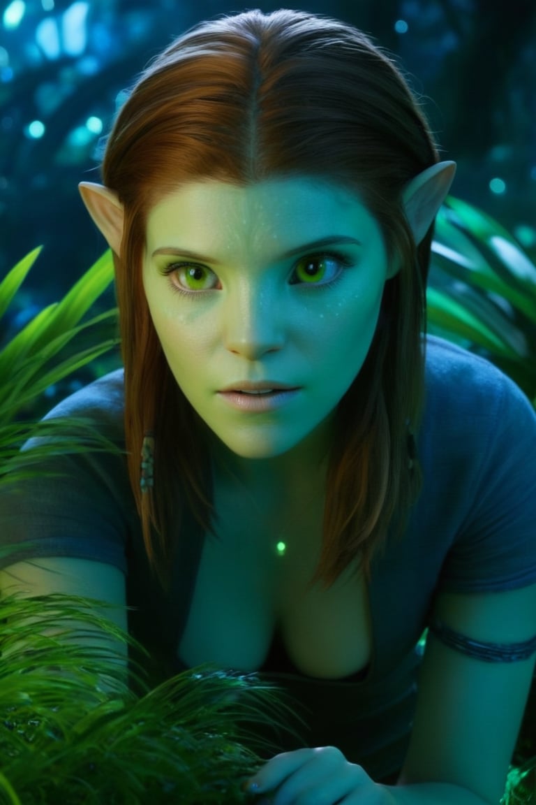 Create a hyper realistic photo of young Kate Mara as Navi Avatar BREAK cinematic lights, detailed eyes, detailed face, detailed hands BREAK Glowing Plants, glowing leaves of trees, at night, green grass, different plants bushes and trees in the background, avatar style