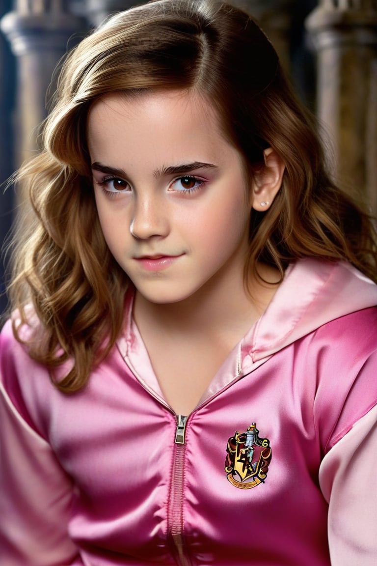 Create a realistic full body photo of a young girl (Emma Watson at the age of 12) with messy brown hair, waering silky pink silk shorts and pink silk crop top with gryffindor logo, impressive pose, perfectly detailed eyes, detailed face, detailed make-up, hogwarts facility as background, dim light, blurry foreground, blurry background