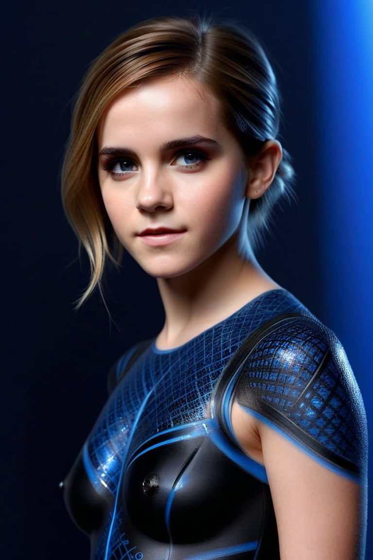 Craft a hyper realistic vertical full body photo of the most attractive stunning young girl (Naked Emma Watson at the age of 16), intricate black, red and blue body, perfectly detailed eyes, make-up, intricate beauty, sparkling, reflections, (translucent), sporty, simple background, dim light, volumetric lighting, hyper realistic, blurry foreground, blurry background, (bloodborne:1.1), uniformsbodypaint