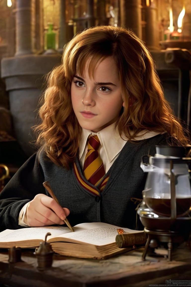 Hermione Granger (Emma Watson), hogwarts school uniform, mixing potions, copper pot, brew, brewing, potion, potions, sitting, sitting on the ground, holding potions, dim light, volumetric lighting, hyper realistic, intricate background, looking at viewer, perfectly detailed eyes, 