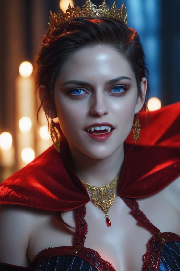 ((Hip shot)), create a hyperrealistic vertical photo of the most attractive girl as vampire queen made of transparent crystal glass with neon light (Kristen Stewart), beautiful red eyes, long bloody vampire fangs, mystic black dress, red cape, detailed golden ornaments, intricate ornaments, glowing seams, body made of glass, intricate beauty, bioluminescence, blue veins, highly detailed eyes, sparkling, reflections, (translucent), elegant, simple background, dim light, volumetric lighting, hyperrealistic, blurred foreground, blurred background, (bloodborne:1.1), posing for the camera,