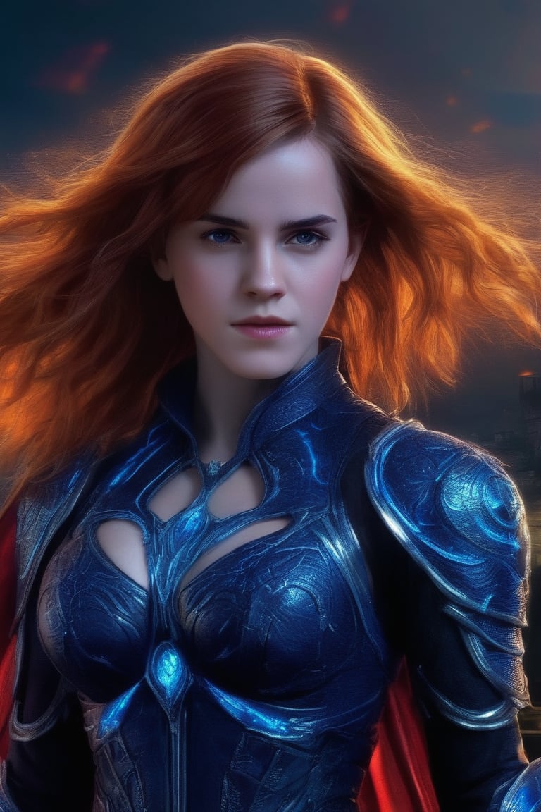 beautiful red-skinned cyberpunk girl (Emma Watson (at the age of 14) with blue eyes), A low-angle shot frames the imposing dark witch, where flashes of purple, yellow, and neon pink pulse with otherworldly energy. Her firely-red hair creased by wrinkles contrasts with gleaming blue jewelry featuring intricate carvings. The powerful girl's majestic form is defined by an intricate nanofiber suit (sexy world of warcraft style). A tattered cape cling to her physique as she's covered in sparkling blue energy, LegendDarkFantasy