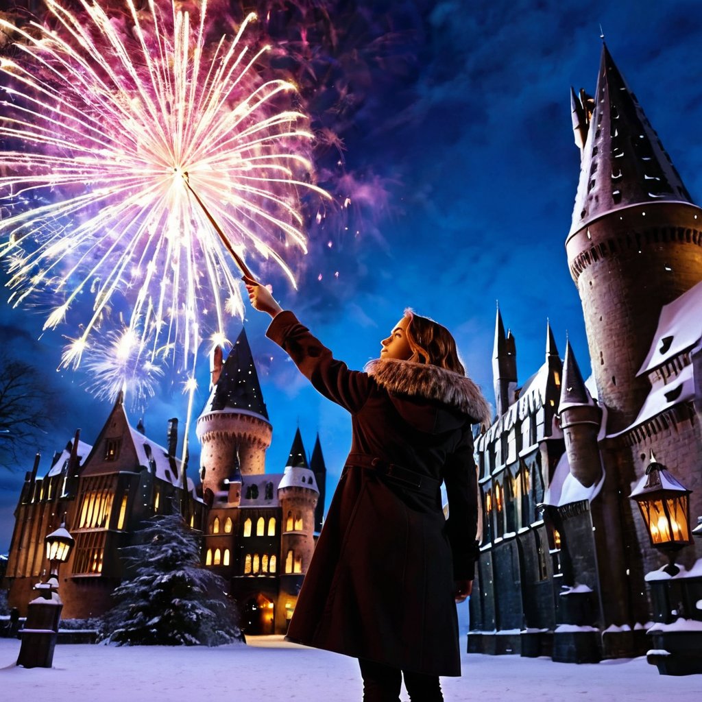 It is December 31st and we are in the courtyard of Hogwarts. Hermione Granger is standing with her wand raised and pointing towards the sky to emmit multicolored lights straight into the sky. This creates a beautiful firework display in the sky, with imaginative motifs that beautifully set off the snowy backdrop of Hogwarts.