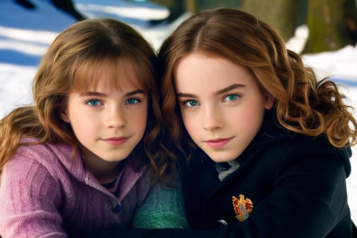 2girls lying in the snow, 1girl (Hermione Granger at the age of 11, blue eyes, brown hair, brown messy hair) and 1girl (Enid Sinclair at the age of 14, green eyes, short hair, multicolored hair), wears tight fitting black nanofiber bodies, relaxing, soaking in the last winter sun, realistic, setting sun, dim light