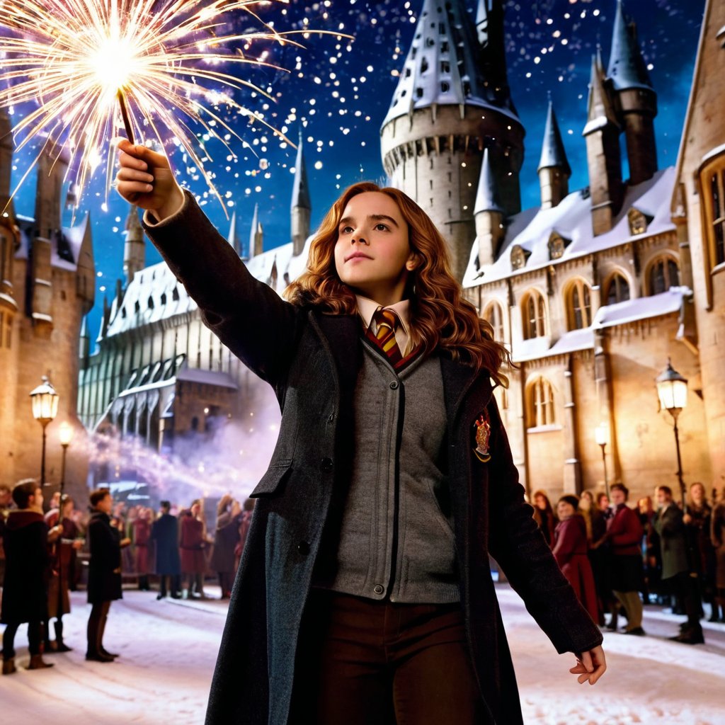 It is December 31st and we are in the courtyard of Hogwarts. Hermione Granger is standing with her wand raised and pointing towards the sky to emmit multicolored lights straight into the sky. This creates a beautiful firework display in the sky, with imaginative motifs that beautifully set off the snowy backdrop of Hogwarts.