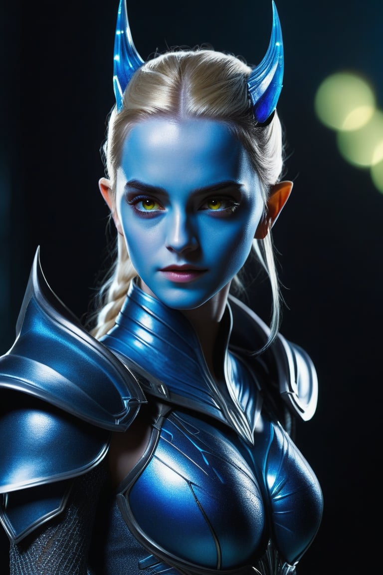 ((Hip shot)), create a hyperrealistic vertical photo of the most attractive alien girl creature (resembles Emma Watson at the age of 14) with azure blue skin standing within neon light, beautiful yellow eyes, pointing ears, platinum blonde hair, dangerous realistic alien, detailed face, detailed armor, metallic armor, body made of azure blue glass, intricate beauty, bioluminescence, black veins, highly detailed eyes, sparkling, reflections, (translucent), dangerous look, simple background, dim light, volumetric lighting, hyperrealistic, blurred foreground, blurred background, (bloodborne:1.1), posing for the camera, science fiction