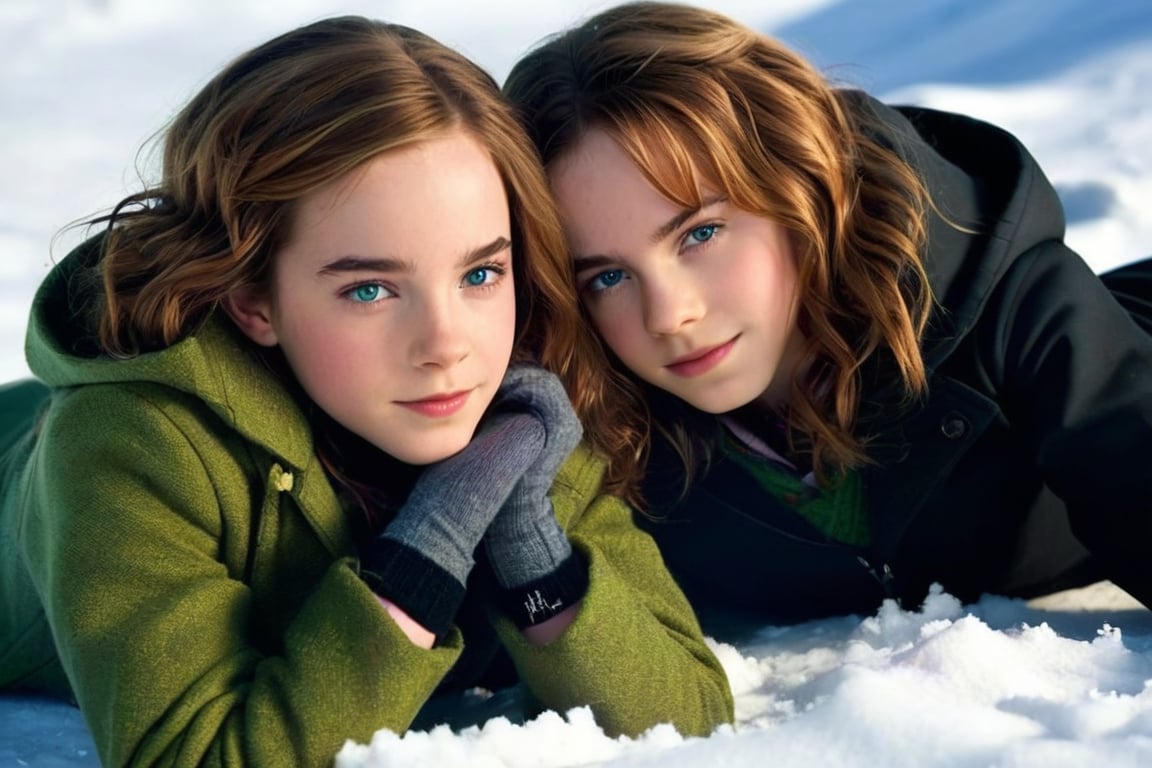 2girls, (Hermione Granger at the age of 11, blue eyes, brown hair, brown messy hair), (Enid Sinclair at the age of 14, green eyes, short hair, multicolored hair), lying in the snow, wears tight fitting black nanofiber bodies, relaxing, soaking in the last winter sun, realistic, setting sun, dim light