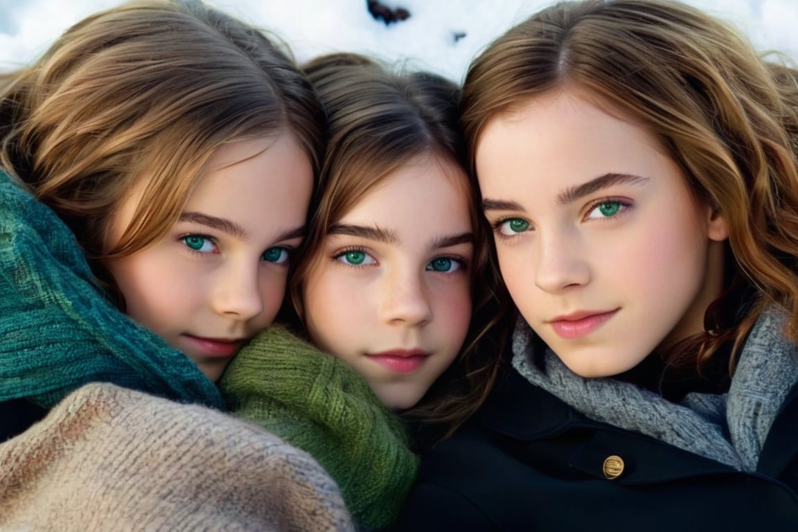 2girls lying in the snow, 1girl (Hermione Granger at the age of 11, blue eyes, brown hair, brown messy hair) and 1girl (Enid Sinclair at the age of 14, green eyes, short hair, multicolored hair), wears tight fitting black nanofiber bodies, relaxing, soaking in the last winter sun, realistic, setting sun, dim light