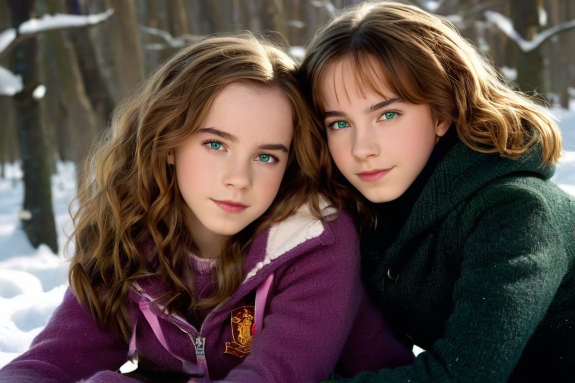 2girls, (Hermione Granger at the age of 11, blue eyes, brown hair, brown messy hair), (Enid Sinclair at the age of 14, green eyes, short hair, multicolored hair), lying in the snow, wears tight fitting black nanofiber bodies, relaxing, soaking in the last winter sun, realistic, setting sun, dim light