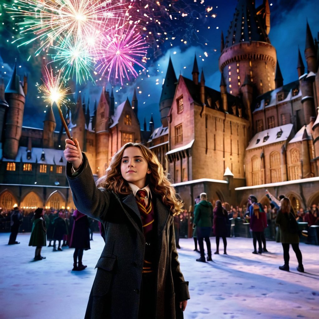 It is December 31st and we are in the courtyard of Hogwarts. Hermione Granger is standing with her wand raised and pointing towards the sky to emmit multicolored lights straight into the sky. This creates a beautiful firework display in the sky, with imaginative motifs that beautifully set off the snowy backdrop of Hogwarts.