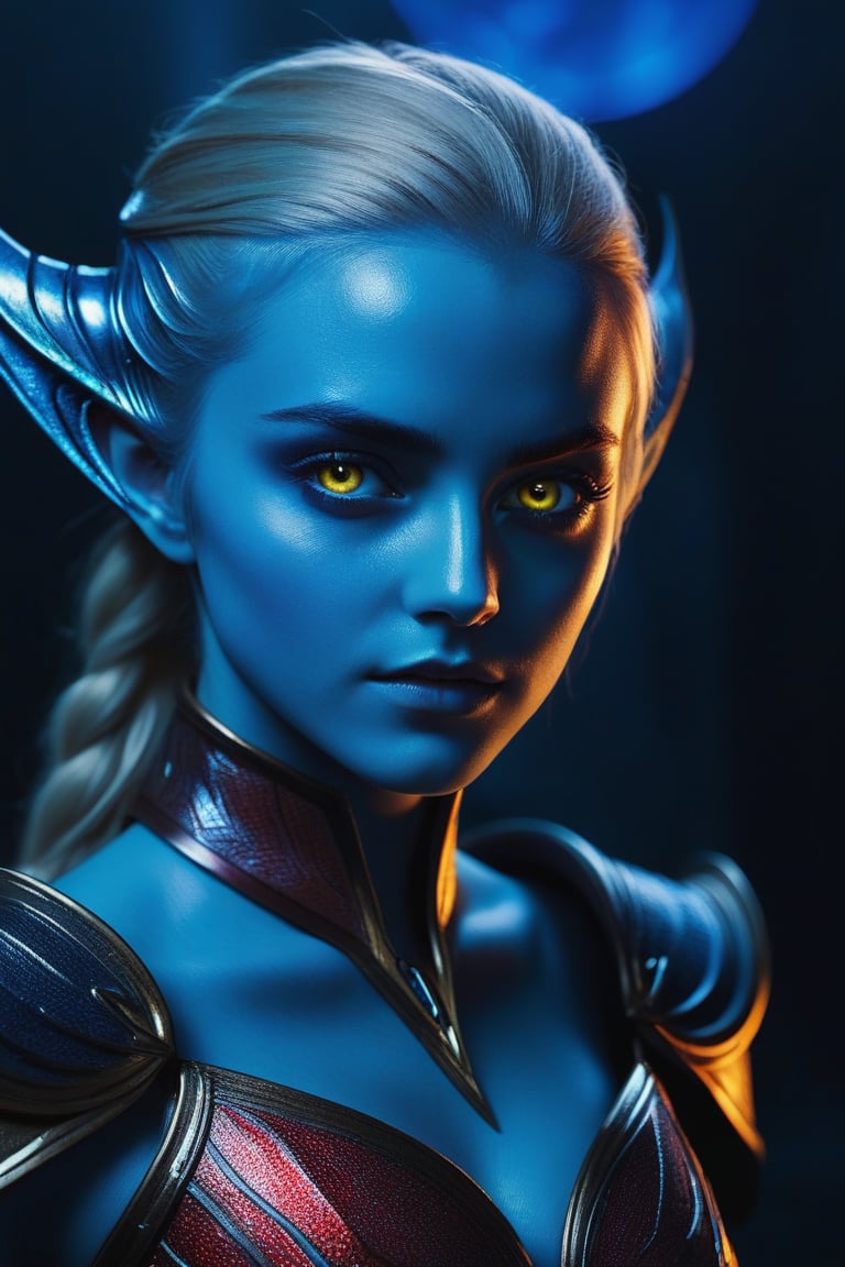 ((Hip shot)), create a hyperrealistic vertical photo of the most attractive alien girl creature (resembles Emma Watson at the age of 14) with azure blue skin standing within neon light, beautiful yellow eyes, pointing ears, platinum blonde hair, dangerous realistic alien, mystic realistic alien, detailed face, detailed red armor, glowing red armor, body made of scarlet red glass, intricate beauty, bioluminescence, blue veins, highly detailed eyes, sparkling, reflections, (translucent), dangerous look, simple background, dim light, volumetric lighting, hyperrealistic, blurred foreground, blurred background, (bloodborne:1.1), posing for the camera, science fiction