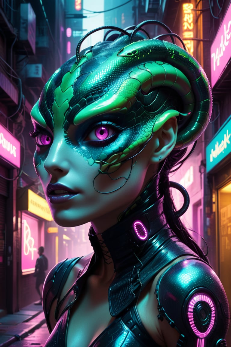 A serpentine creature with iridescent scales slithers through a neon-lit cyberpunk alleyway. Its face is a mix of serpentine and female human features (40% serpentine, 60% female). Its forked tongue flickers with electric energy, and its eyes glow with an otherworldly intelligence.