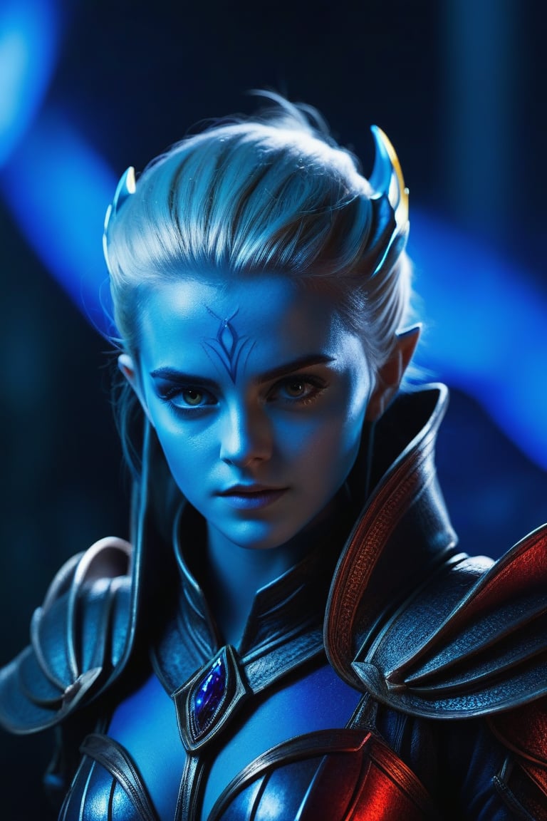 ((Hip shot)), create a hyperrealistic vertical photo of the most attractive alien girl creature (resembles Emma Watson at the age of 14) with azure blue skin standing within neon light, beautiful yellow eyes, pointing ears, platinum blonde hair, dangerous realistic alien, mystic realistic alien, detailed face, detailed red armor, glowing red armor, body made of azure blue glass, intricate beauty, bioluminescence, blue veins, highly detailed eyes, sparkling, reflections, (translucent), dangerous look, simple background, dim light, volumetric lighting, hyperrealistic, blurred foreground, blurred background, (bloodborne:1.1), posing for the camera, science fiction