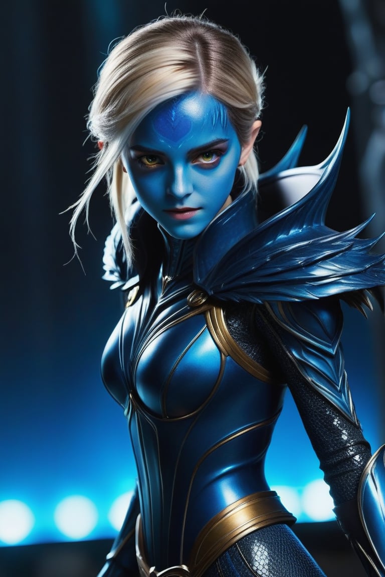 ((Hip shot)), create a hyperrealistic vertical photo of the most attractive alien girl creature (resembles Emma Watson at the age of 14) with azure blue skin standing within neon light, beautiful yellow eyes, pointing ears, platinum blonde hair, dangerous realistic alien, mystic realistic alien, detailed face, detailed armor, metallic armor, body made of azure blue glass, intricate beauty, bioluminescence, black veins, highly detailed eyes, sparkling, reflections, (translucent), dangerous look, simple background, dim light, volumetric lighting, hyperrealistic, blurred foreground, blurred background, (bloodborne:1.1), posing for the camera, science fiction