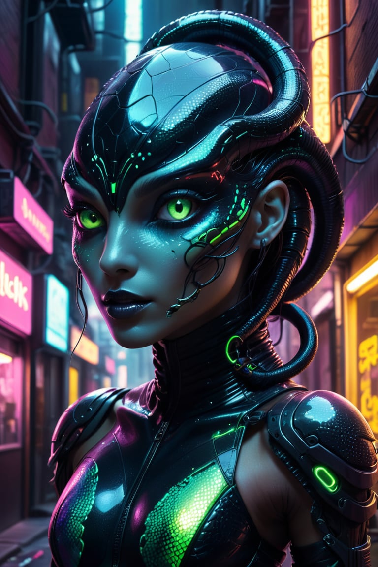 A black serpentine creature with iridescent scales slithers through a neon-lit cyberpunk alleyway. Its face is a mix of serpentine and female human features (20% serpentine, 80% female). Its forked tongue flickers with electric energy, and its eyes glow with an otherworldly intelligence.