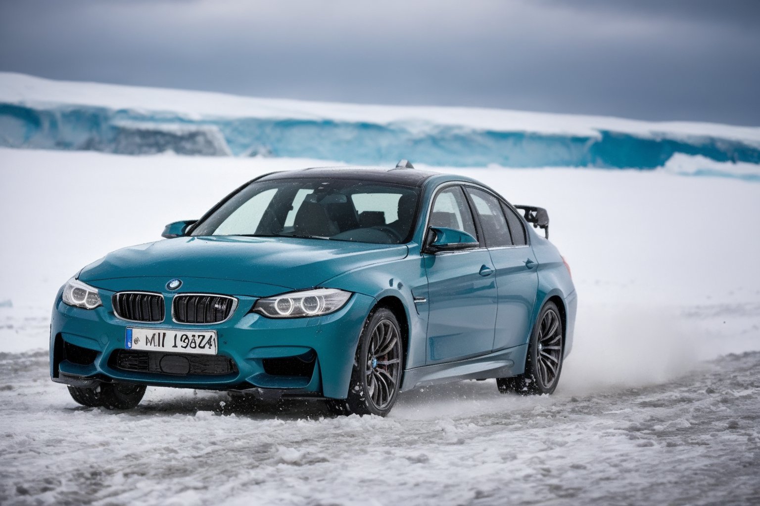 dark green BMW M3 , Racing through the polar wilderness of Antarctica, vehicles skidding on treacherous terrain, navigating perilous conditions, a masterpiece, showcasing exceptionally intricate vehicle details, with wet ground and a selective focus photography technique,Masterpiece