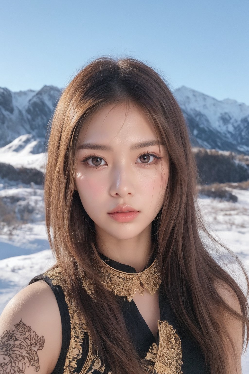 majestic portrait of a woman adorned with intricate henna designs, her gaze fixed on a soaring hawk against a backdrop of snow-capped mountains. Capture the strength and determination in her eyes, mirroring the power and resilience of the natural world.
 
