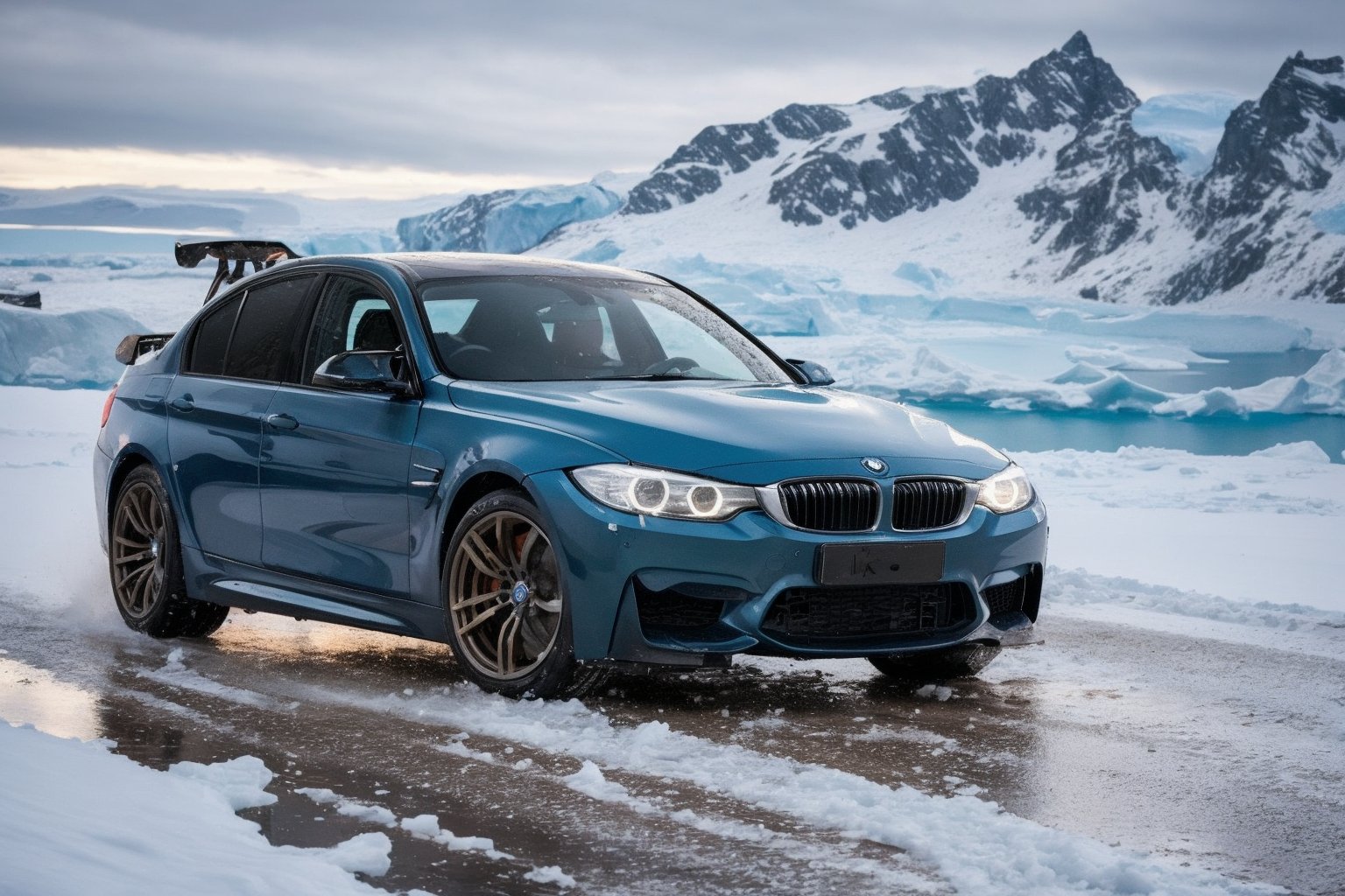 dark green BMW M3 , Racing through the polar wilderness of Antarctica, vehicles skidding on treacherous terrain, navigating perilous conditions, a masterpiece, showcasing exceptionally intricate vehicle details, with wet ground and a selective focus photography technique,Masterpiece