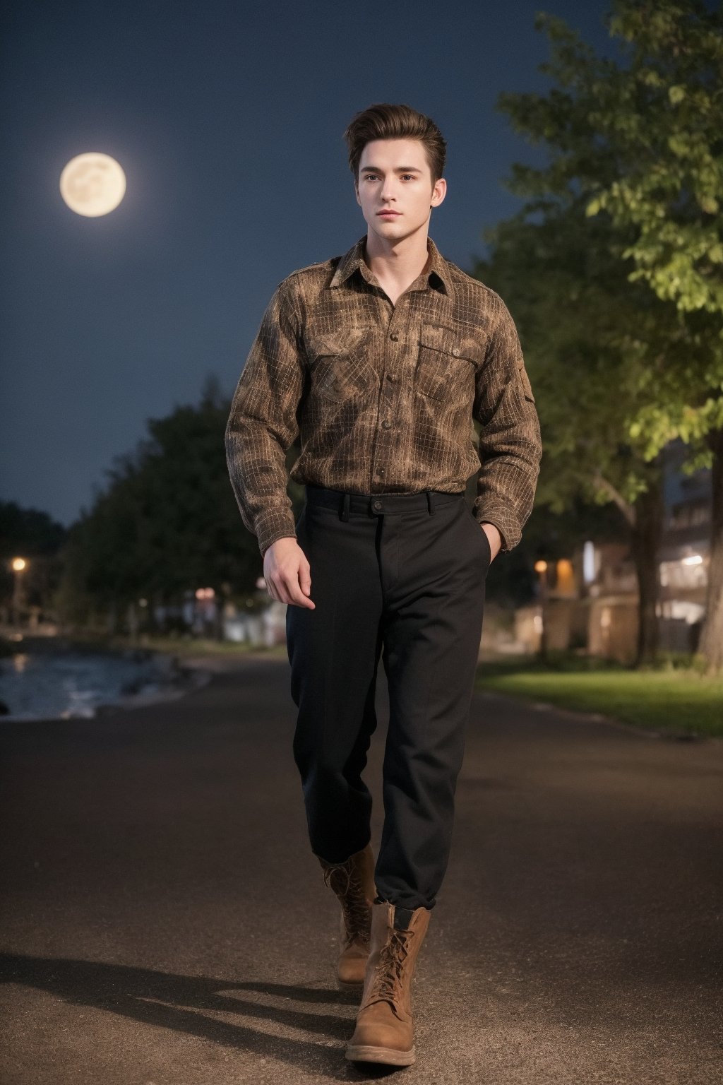 One male, trees, lake, fit body type, Handsome face, rugged, eyes with brightness, eyebrows same as hair, dark blue eyes, dark night sky, large moon in sky, dark brown hair, Sean Durrie, Dylan Faden, shaved sides of head, Mohawk hair, plaid shirt over undershirt, brown military fatigues pants, black work boots