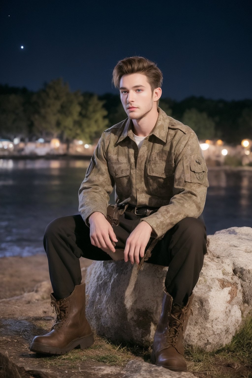 One male, trees, lake, fit body type, Handsome face, rugged, eyes with brightness, eyebrows same as hair, dark blue eyes, dark night sky, large moon in sky, dark brown hair, Sean Durrie, Dylan Faden, shaved sides of head, Mohawk hair, plaid shirt over undershirt, brown military fatigues pants, black work boots