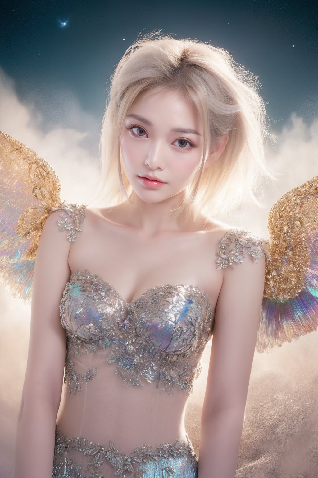 (masterpiece, best quality, CGI, official art:1.2), (stunning celestial being:1.3), (iridescent wings:1.4), shimmering silver hair, piercing sapphire eyes, gentle smile, (luminous aura:1.2), soft focus, whimsical atmosphere, serene emotion, dreamy tone, vibrant intensity, inspired by Hayao Miyazaki's style, ethereal aesthetic, pastel colors with (soft pink accents:1.1), warm mood, soft golden lighting, diagonal shot, looking up in wonder, surrounded by (delicate clouds:1.1) and (shimmering stardust:1.2), focal point on the being's face, intricate textures on wings and clothes, highly realistic fabric texture, atmospheric mist effect, high image complexity, detailed environment, subtle movement of wings, dynamic energy.