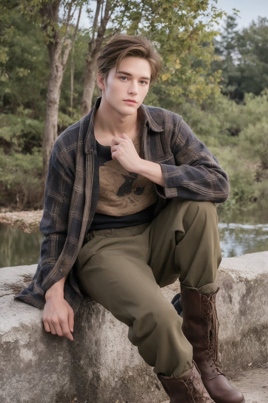 One male, trees, lake, fit body type, Handsome face, rugged, eyes with brightness, eyebrows same as hair, dark blue eyes, dark night sky, large moon in sky, dark brown hair, Sean Durrie, Dylan Faden, shaved sides of head, Mohawk hair, plaid shirt over undershirt, brown military fatigues pants, black work boots