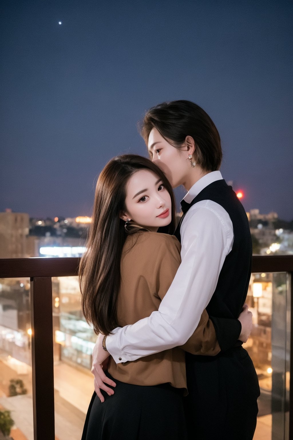 1girl, 1boy, long_hair, hug, night, black_hair, Man_hugs_girl_from_behind, shirt, hetero, looking_at_viewer, brown_hair, night_sky, couple, sky, long_sleeves, jewelry, earrings, cityscape,8K