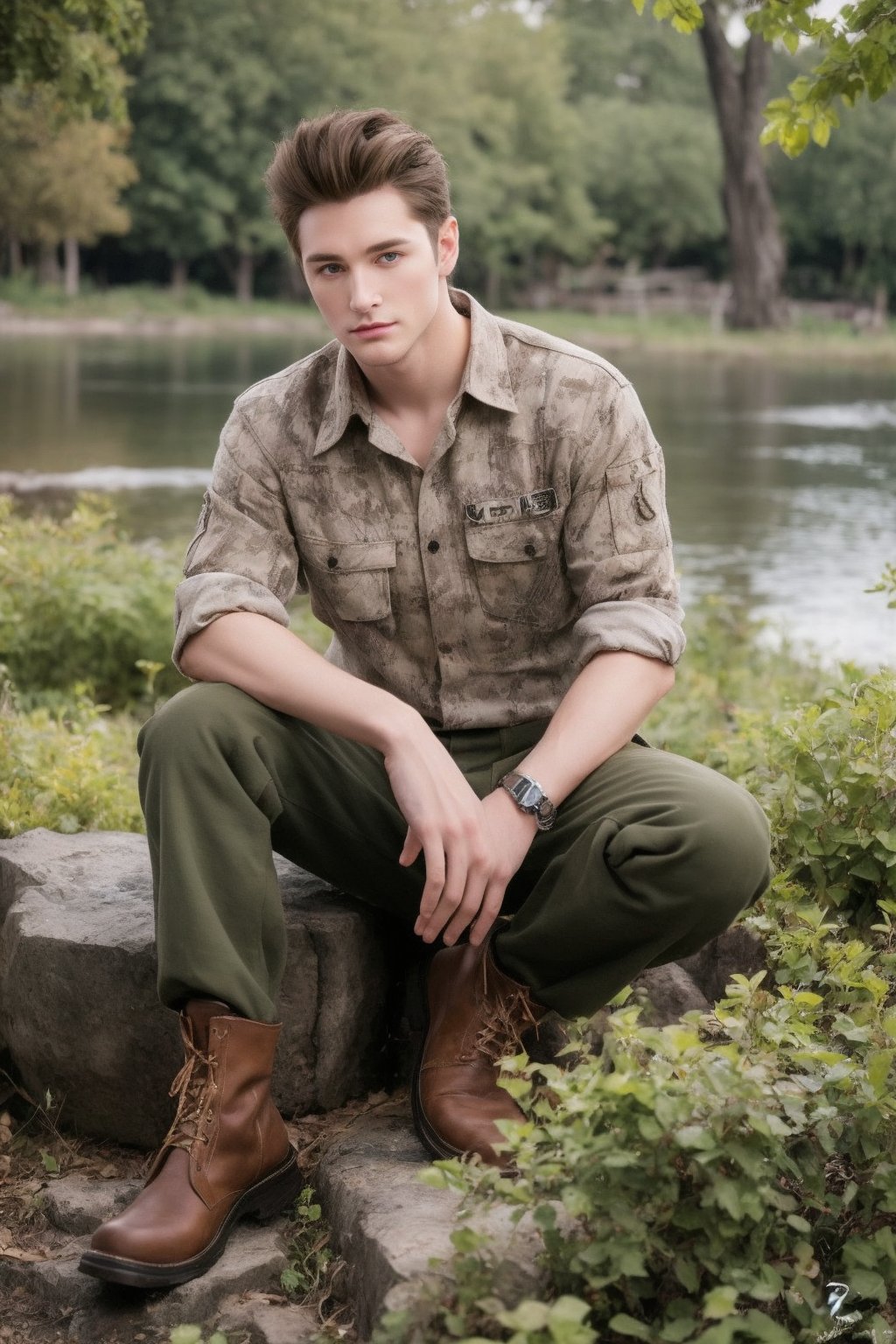 One male, trees, lake, fit body type, Handsome face, rugged, eyes with brightness, eyebrows same as hair, dark blue eyes, dark night sky, large moon in sky, dark brown hair, Sean Durrie, Dylan Faden, shaved sides of head, Mohawk hair, plaid shirt over undershirt, brown military fatigues pants, black work boots