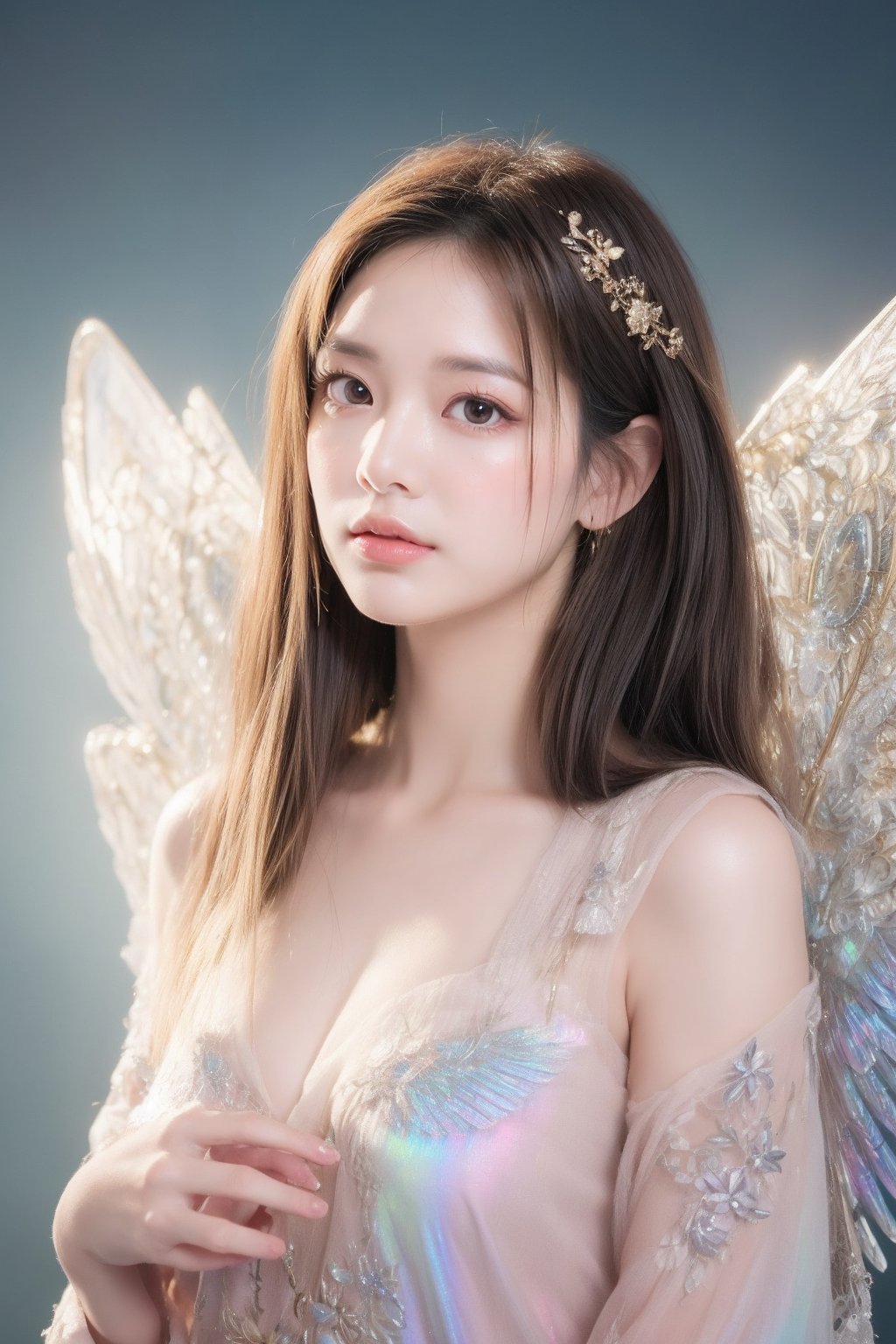 (masterpiece, best quality, CGI, official art:1.2), (stunning celestial being:1.3), (iridescent wings:1.4), shimmering silver hair, piercing sapphire eyes, gentle smile, (luminous aura:1.2), soft focus, whimsical atmosphere, serene emotion, dreamy tone, vibrant intensity, inspired by Hayao Miyazaki's style, ethereal aesthetic, pastel colors with (soft pink accents:1.1), warm mood, soft golden lighting, diagonal shot, looking up in wonder, surrounded by (delicate clouds:1.1) and (shimmering stardust:1.2), focal point on the being's face, intricate textures on wings and clothes, highly realistic fabric texture, atmospheric mist effect, high image complexity, detailed environment, subtle movement of wings, dynamic energy.