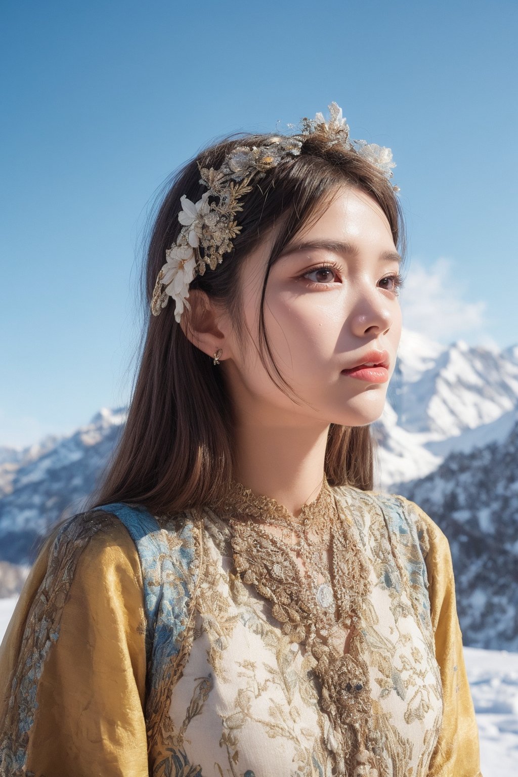 majestic portrait of a woman adorned with intricate henna designs, her gaze fixed on a soaring hawk against a backdrop of snow-capped mountains. Capture the strength and determination in her eyes, mirroring the power and resilience of the natural world.
 
