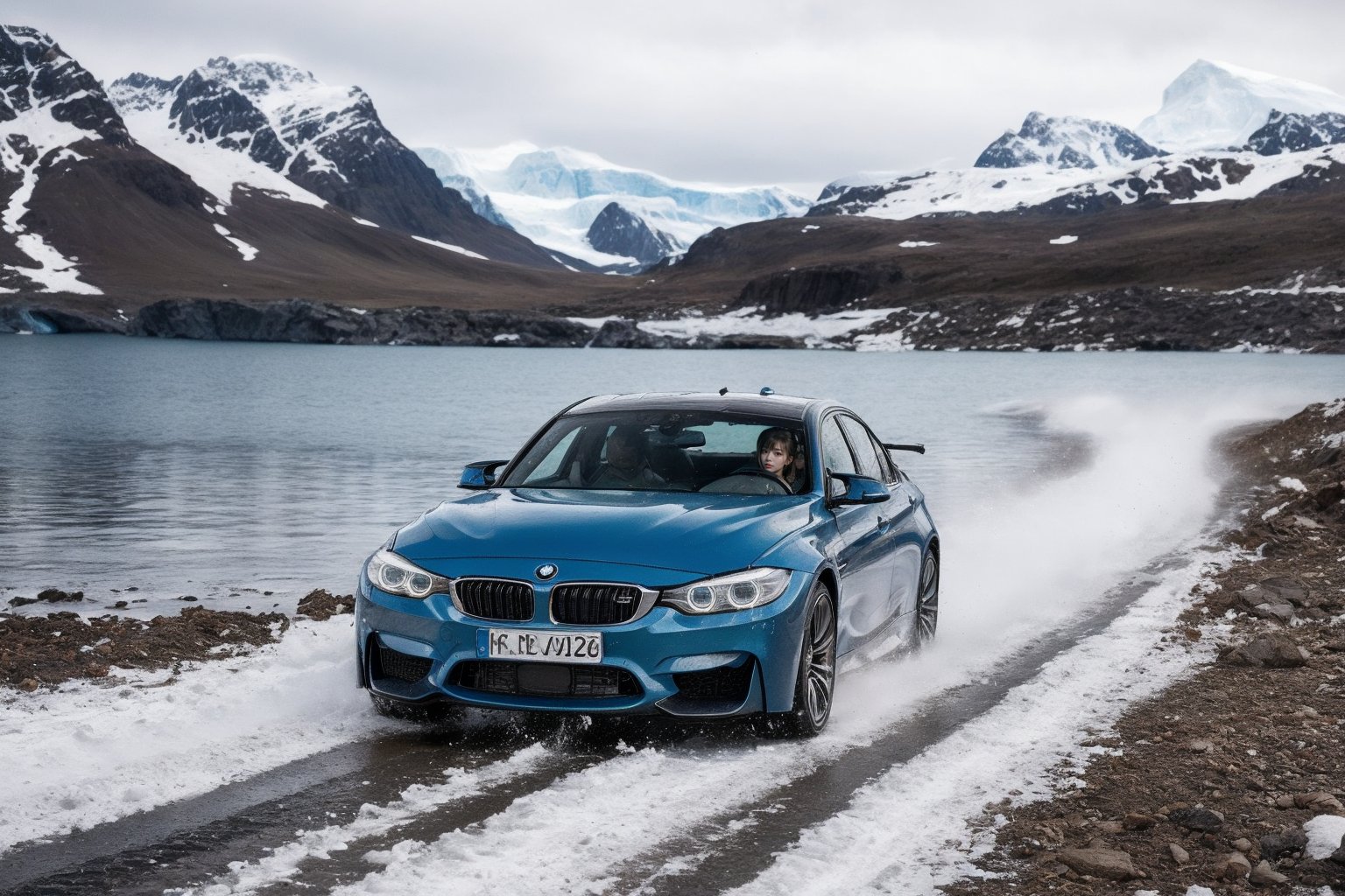 dark green BMW M3 , Racing through the polar wilderness of Antarctica, vehicles skidding on treacherous terrain, navigating perilous conditions, a masterpiece, showcasing exceptionally intricate vehicle details, with wet ground and a selective focus photography technique,Masterpiece