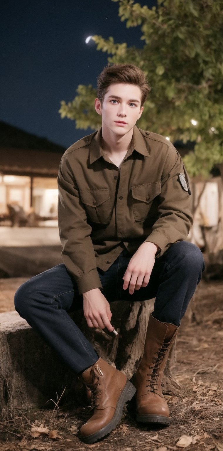 One male, trees, lake, fit body type, Handsome face, rugged, eyes with brightness, eyebrows same as hair, dark blue eyes, dark night sky, large moon in sky, dark brown hair, Sean Durrie, Dylan Faden, shaved sides of head, Mohawk hair, plaid shirt over undershirt, brown military fatigues pants, black work boots