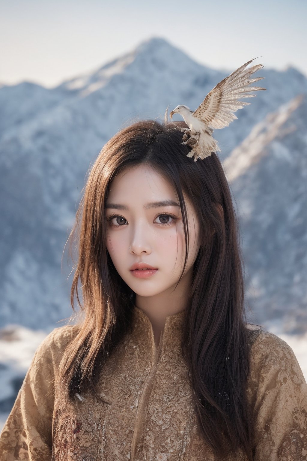 majestic portrait of a woman adorned with intricate henna designs, her gaze fixed on a soaring hawk against a backdrop of snow-capped mountains. Capture the strength and determination in her eyes, mirroring the power and resilience of the natural world.
 
