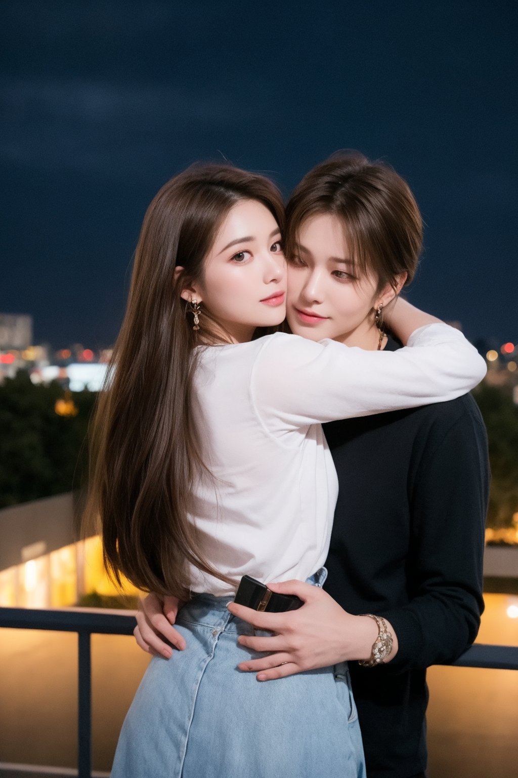 1girl, 1boy, long_hair, hug, night, black_hair, Man_hugs_girl_from_behind, shirt, hetero, looking_at_viewer, brown_hair, night_sky, couple, sky, long_sleeves, jewelry, earrings, cityscape,8K