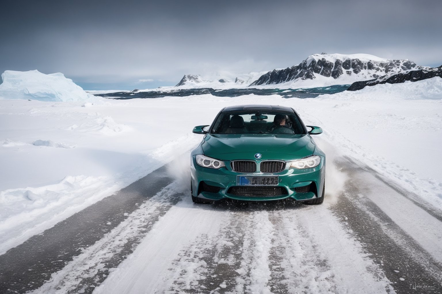 dark green BMW M3 , Racing through the polar wilderness of Antarctica, vehicles skidding on treacherous terrain, navigating perilous conditions, a masterpiece, showcasing exceptionally intricate vehicle details, with wet ground and a selective focus photography technique,Masterpiece