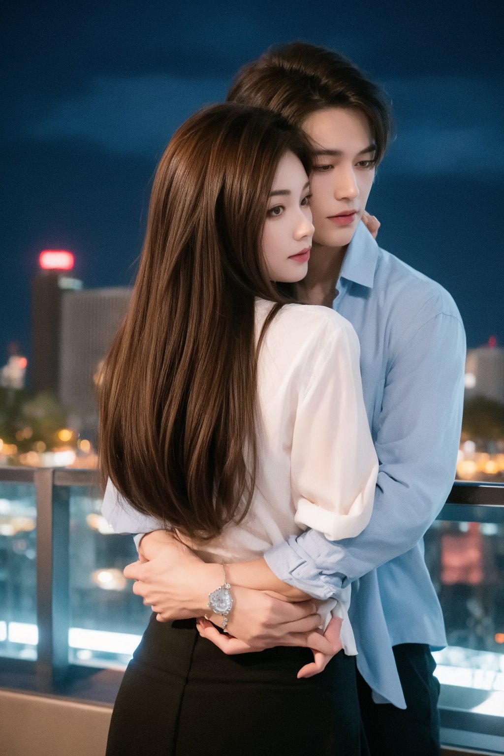 1girl, 1boy, long_hair, hug, night, black_hair, Man_hugs_girl_from_behind, shirt, hetero, looking_at_viewer, brown_hair, night_sky, couple, sky, long_sleeves, jewelry, earrings, cityscape,8K