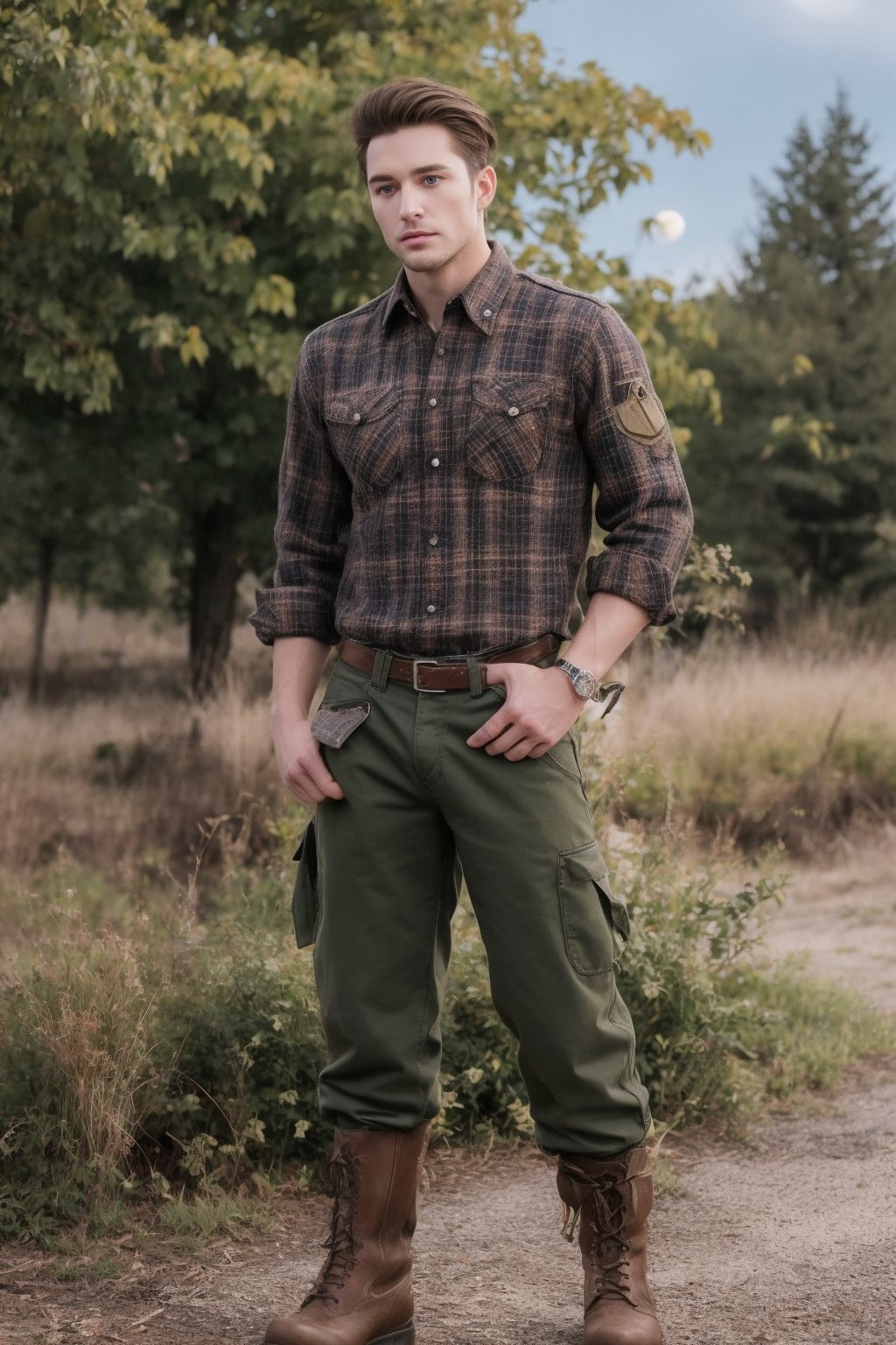 One male, trees, lake, fit body type, Handsome face, rugged, eyes with brightness, eyebrows same as hair, dark blue eyes, dark night sky, large moon in sky, dark brown hair, Sean Durrie, Dylan Faden, shaved sides of head, Mohawk hair, plaid shirt over undershirt, brown military fatigues pants, black work boots