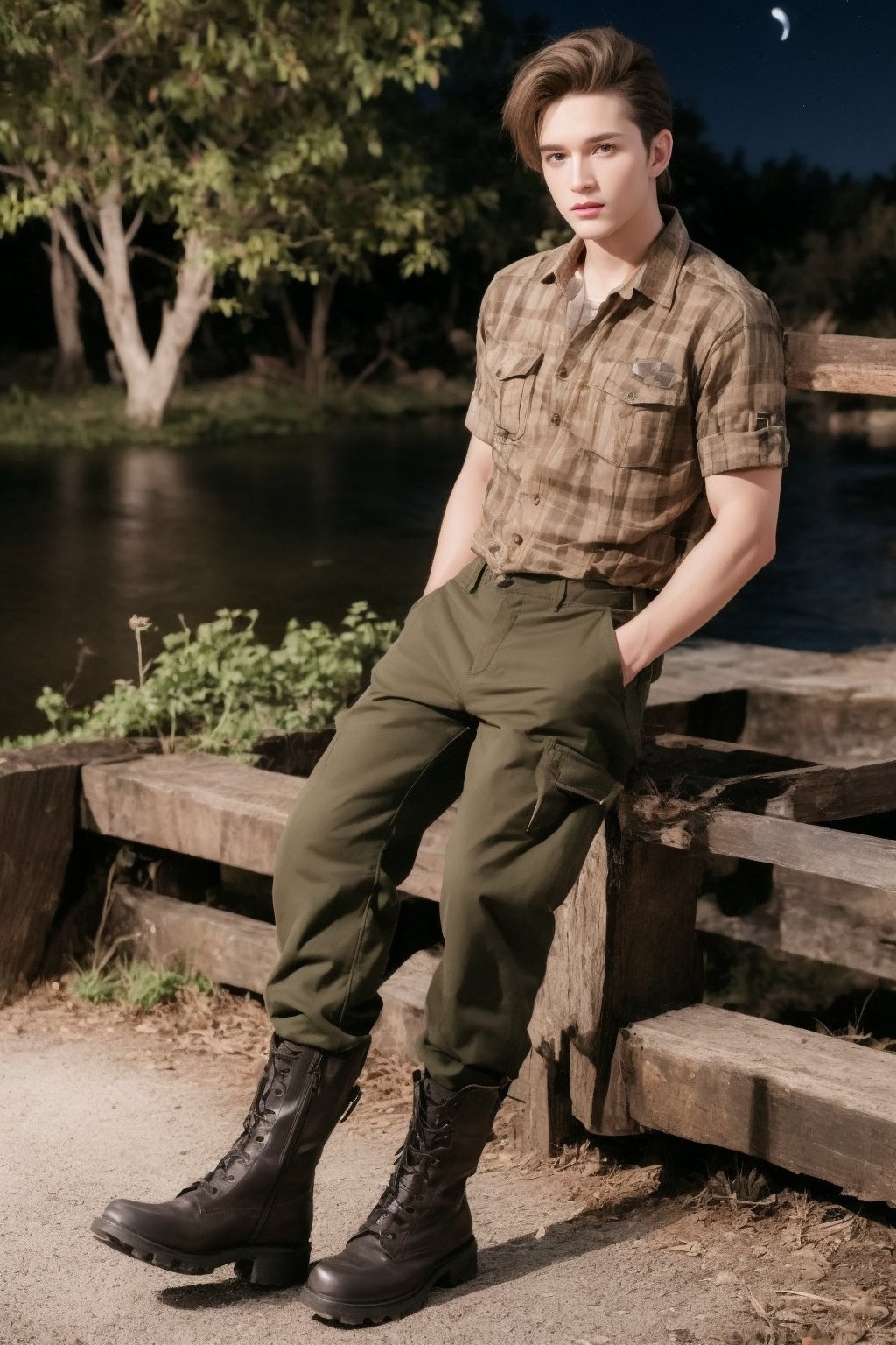 One male, trees, lake, fit body type, Handsome face, rugged, eyes with brightness, eyebrows same as hair, dark blue eyes, dark night sky, large moon in sky, dark brown hair, Sean Durrie, Dylan Faden, shaved sides of head, Mohawk hair, plaid shirt over undershirt, brown military fatigues pants, black work boots