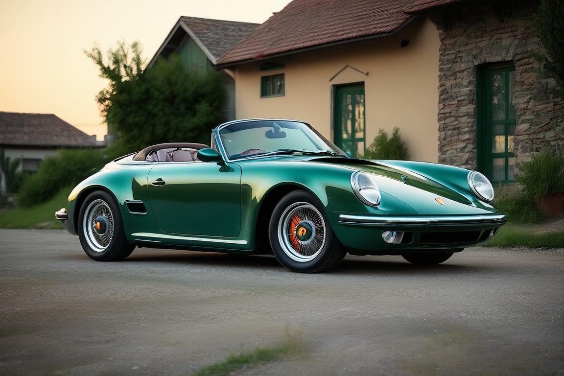 Roadster car brand Porsche, green paint, in the village, evening, side view, (realistic, realism, photorealistic, photo, lifelike, natural light, naturalistic, photography, photograph, photographic), (masterpiece, best quality, highest quality, highly detailed, high resolution, 4k, 8K, UHD, HDR)