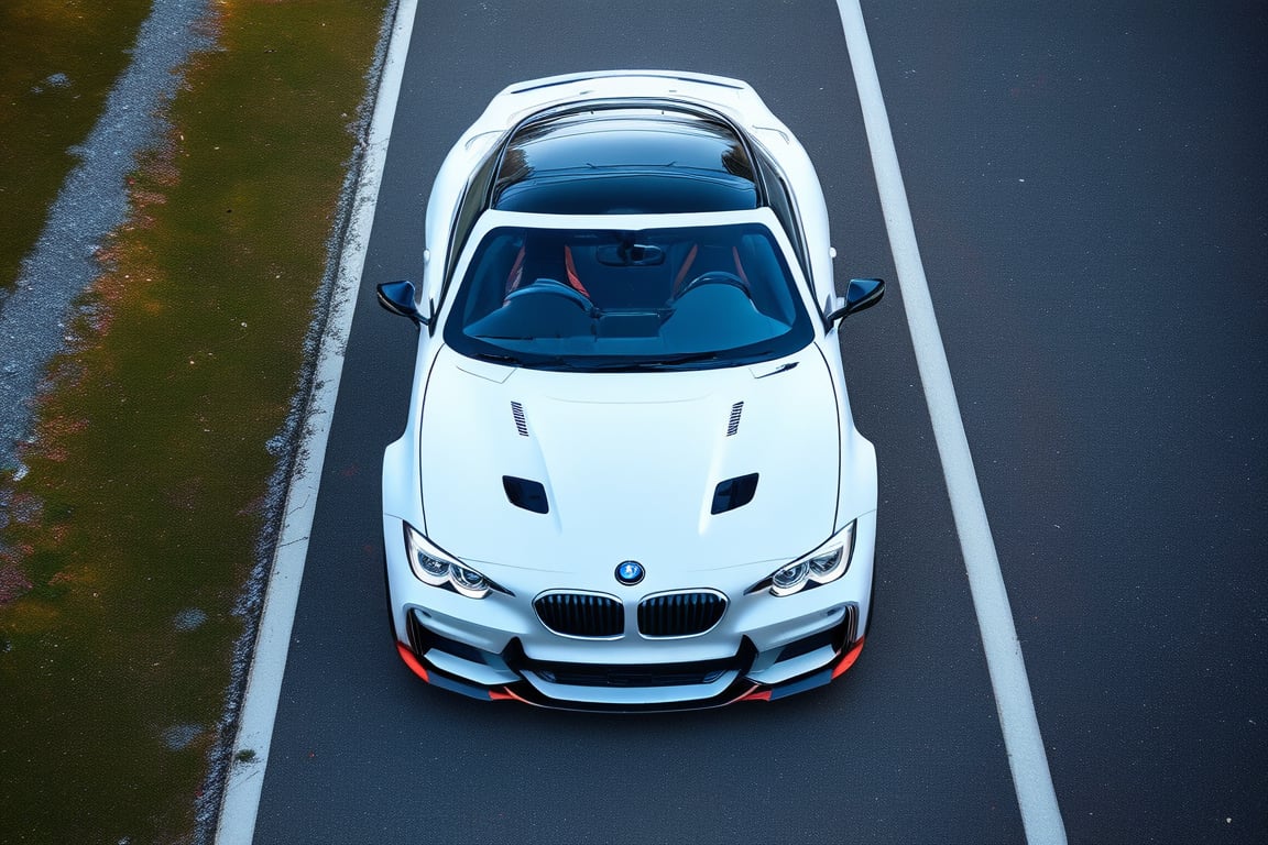 Roadster car brand BMW, white paint, in the road, evening, look from top, (realistic, realism, photorealistic, photo, lifelike, natural light, naturalistic, photography, photograph, photographic), (masterpiece, best quality, highest quality, highly detailed, high resolution, 4k, 8K, UHD, HDR)