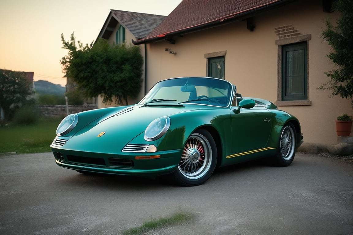 Roadster car brand Porsche, green paint, in the village, evening, low view, (realistic, realism, photorealistic, photo, lifelike, natural light, naturalistic, photography, photograph, photographic), (masterpiece, best quality, highest quality, highly detailed, high resolution, 4k, 8K, UHD, HDR)