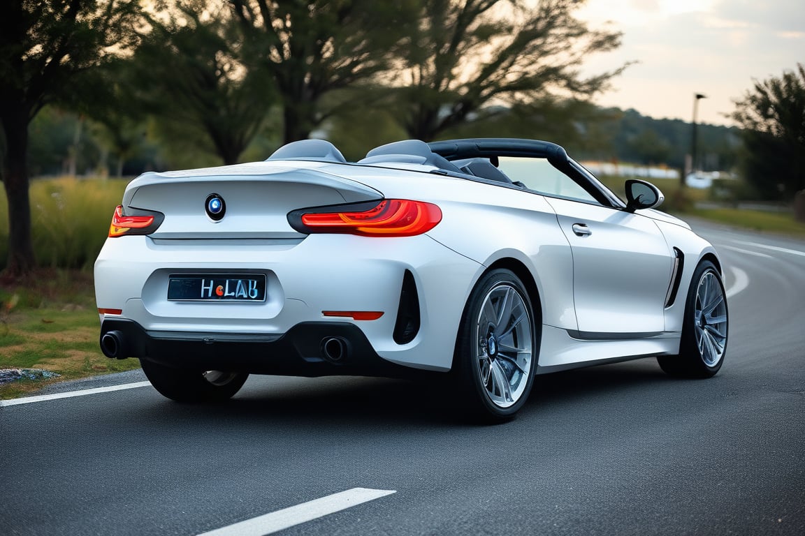 Roadster car brand BMW, white paint, in the road, evening, back view, (realistic, realism, photorealistic, photo, lifelike, natural light, naturalistic, photography, photograph, photographic), (masterpiece, best quality, highest quality, highly detailed, high resolution, 4k, 8K, UHD, HDR)