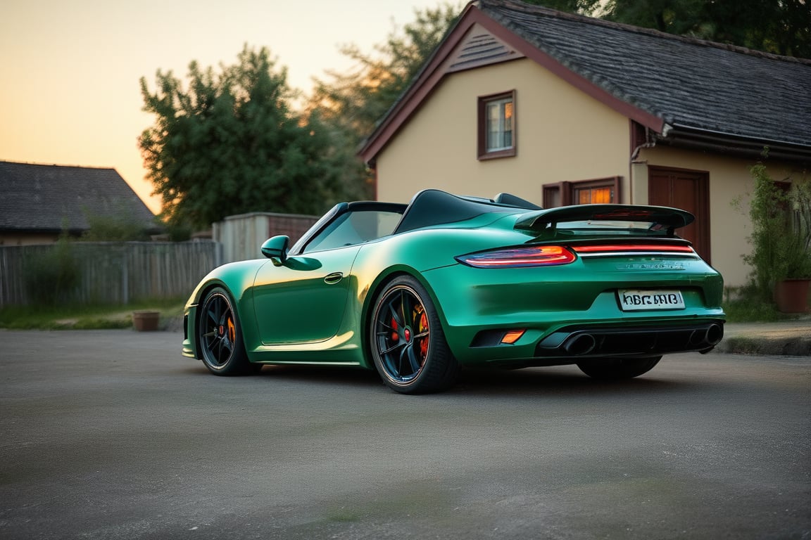 Roadster car brand Porsche, green paint, in the village, evening, back view, (realistic, realism, photorealistic, photo, lifelike, natural light, naturalistic, photography, photograph, photographic), (masterpiece, best quality, highest quality, highly detailed, high resolution, 4k, 8K, UHD, HDR)