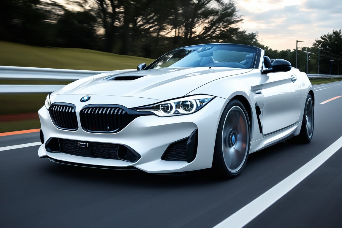 Roadster car brand BMW, white paint, in the road, evening, look from below, (realistic, realism, photorealistic, photo, lifelike, natural light, naturalistic, photography, photograph, photographic), (masterpiece, best quality, highest quality, highly detailed, high resolution, 4k, 8K, UHD, HDR)