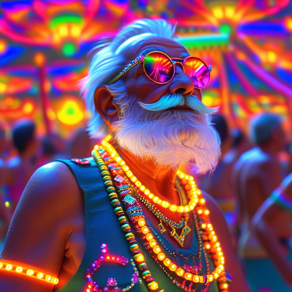 A caricature of a rave party grandpa in summer clothes, wearing colorful LED lit bracelets on his arms and legs, he has a brightly lit chain around his neck emanating vibrant and colorful light, his fancy sports shoes have micro LED lights all over them, he is dancing at a carnival full of bright lights and colorful rides, the scene is a glowing and brilliantly lit futuristic neo punk fantasy, vivid colors, supreme shadowing, raytraced, hyper detailed, HDR, 16k